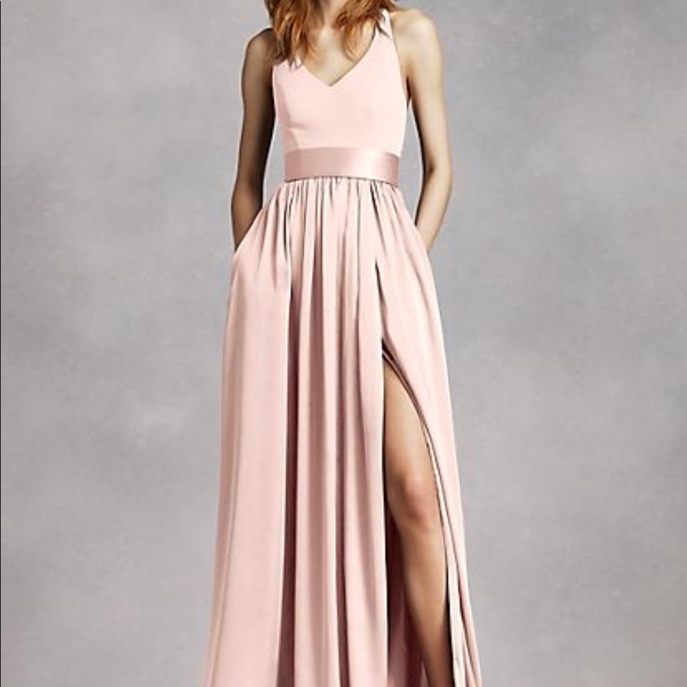 Vera Wang V Neck Halter Gown with Sash in BLUSH